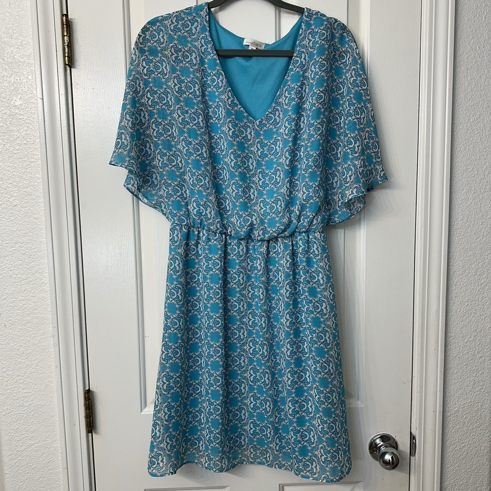 Charming Charlie Fit & Flare Aqua Blue & White Print Dress M Medium‎ Lined